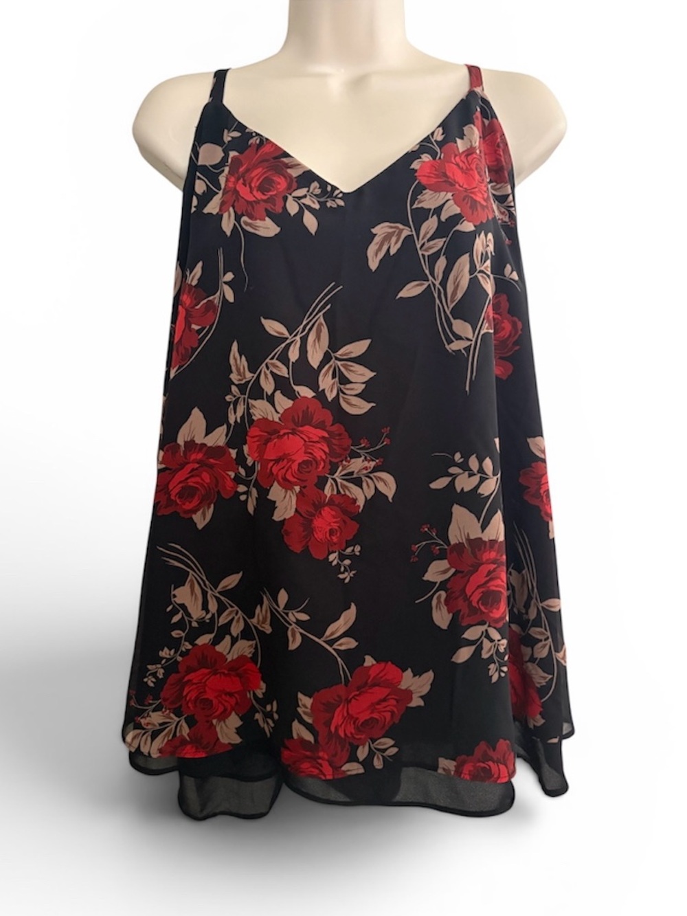 Torrid Black Floral V-Neck Spaghetti Strap Camisole Tank with Red Roses